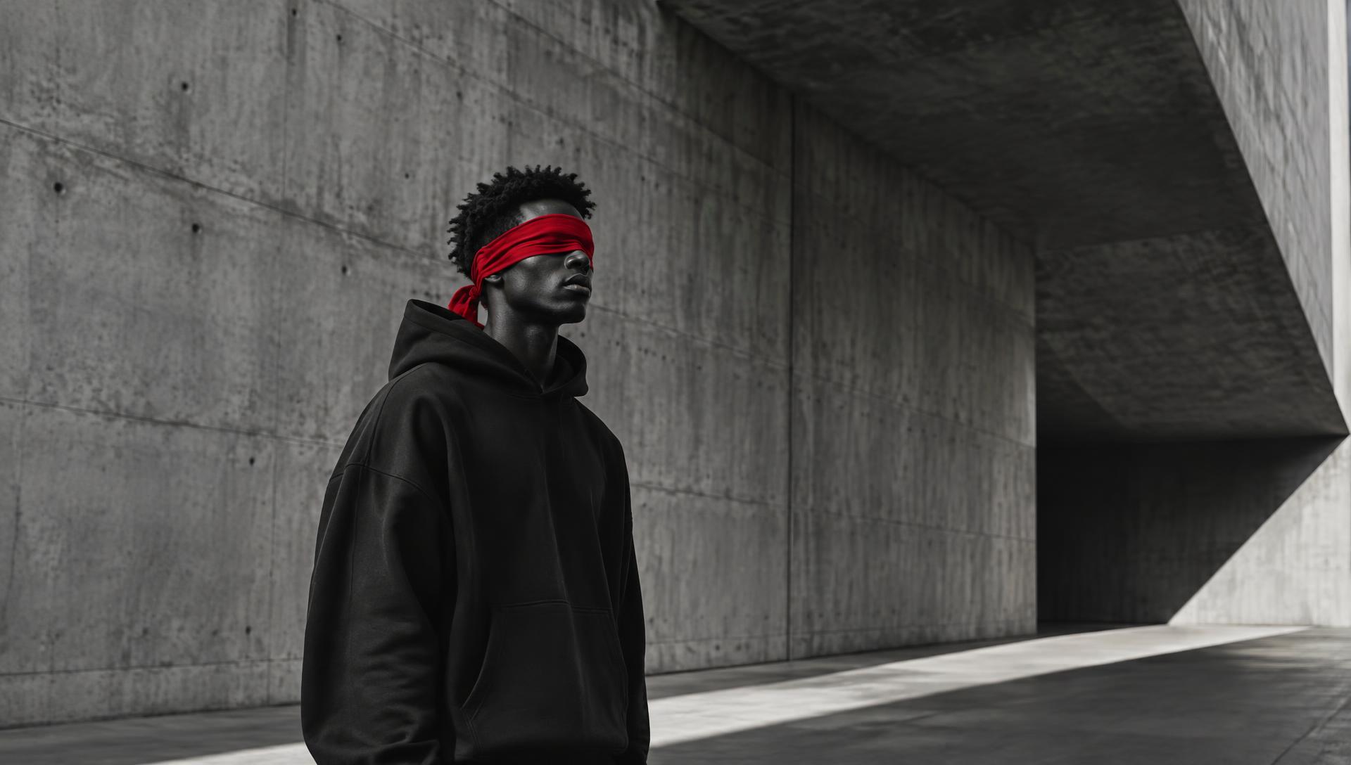 Model in black hoodie wearing a crimson blindfold